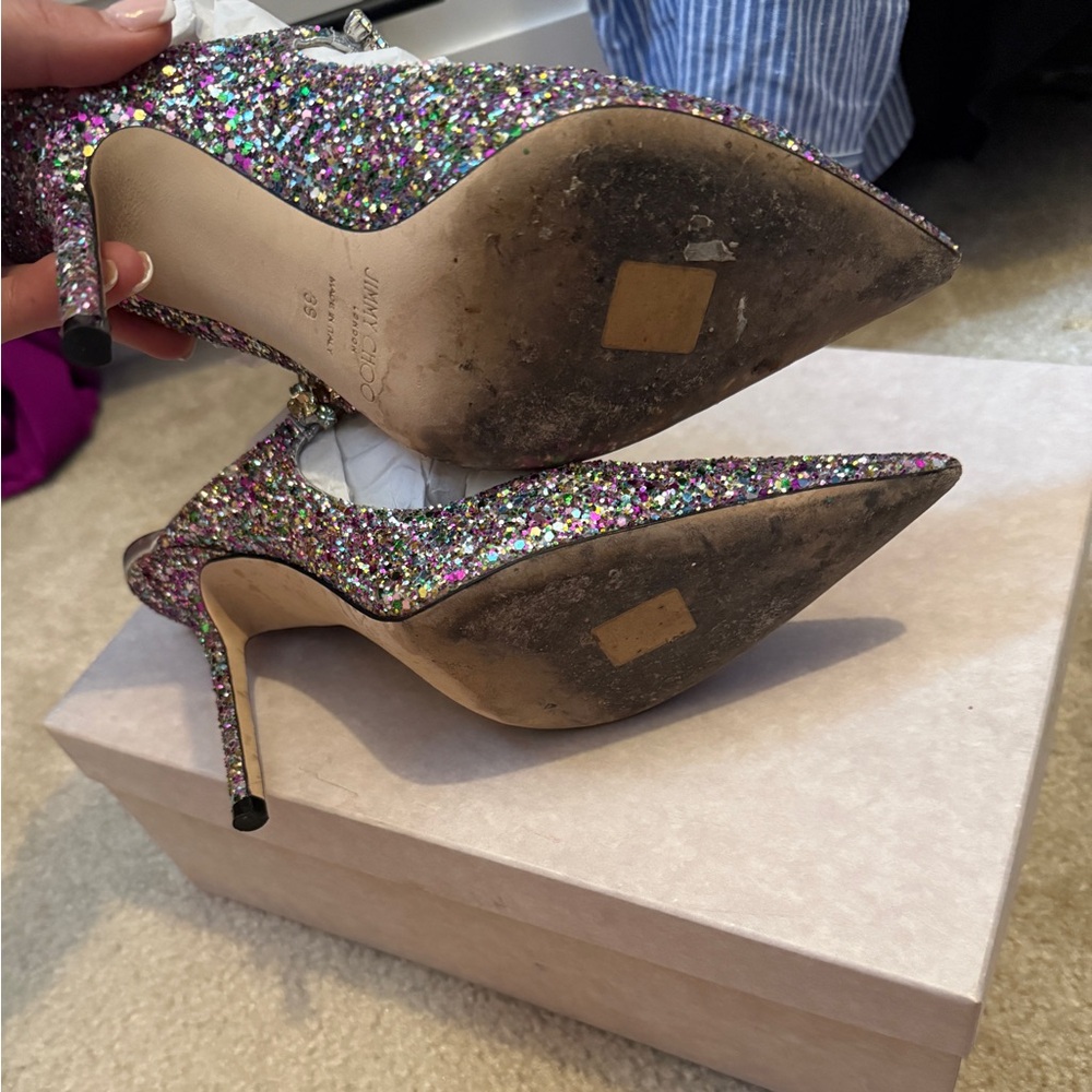Jimmy Choo Multicolor Glitter Pointed-Toe Stiletto Heels with Jeweled Strap - Picture 6 of 7